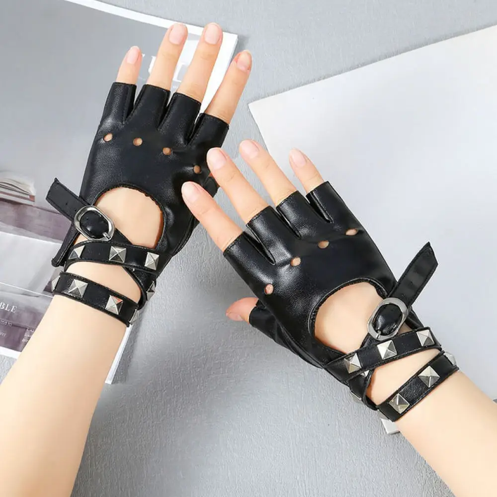 Womens Punk Rivet Fingerless Gloves Hollow Out Mittens Gothic Style Stage Performance Dance Accessory Street Fashion Gear