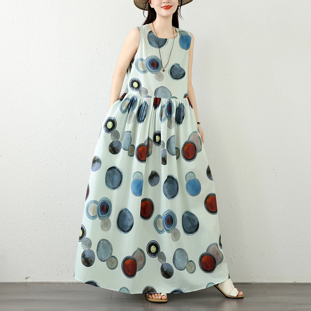 

Elegant plus Size round Neck Print Sleeveless Dress Slimming Waist Long A-Line Skirt Casual Polyester Fiber Cotton Blend