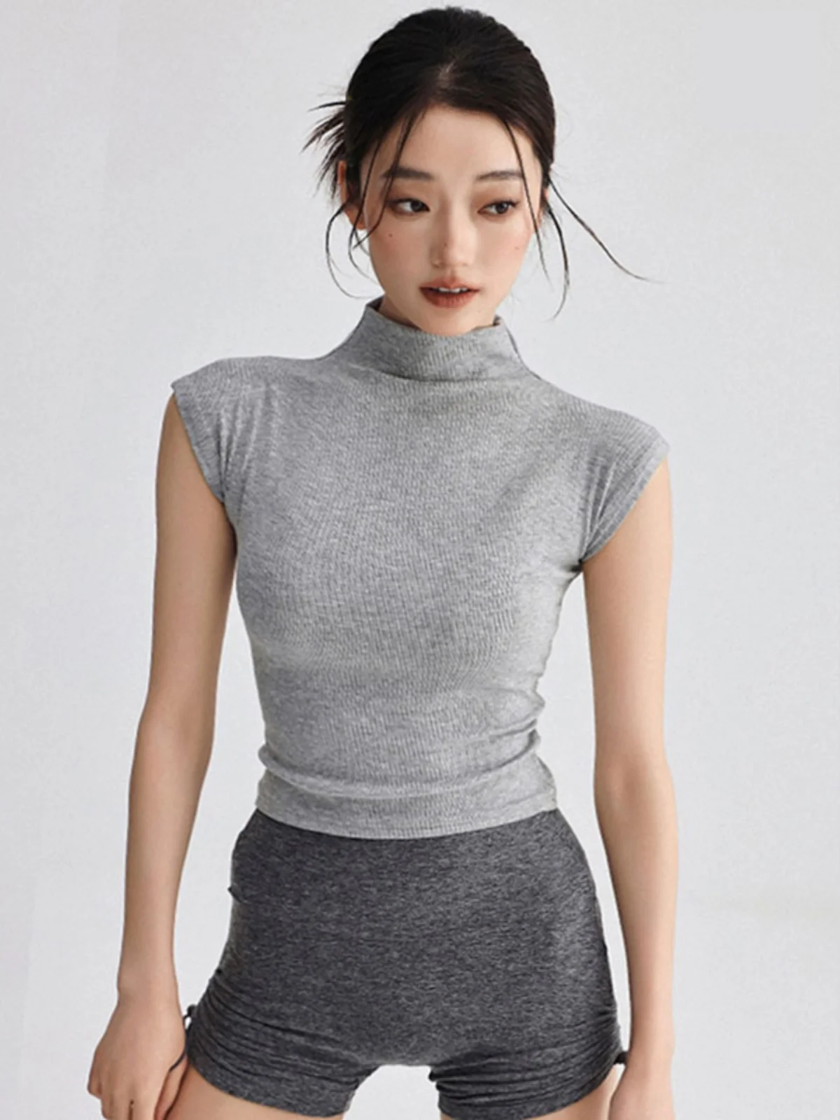 오르트 스웨 요가 스포츠 탑 여성용 러닝 트레이닝 파일럿 슬림핏 티셔츠 하이 칼라 오르트 길이 단색