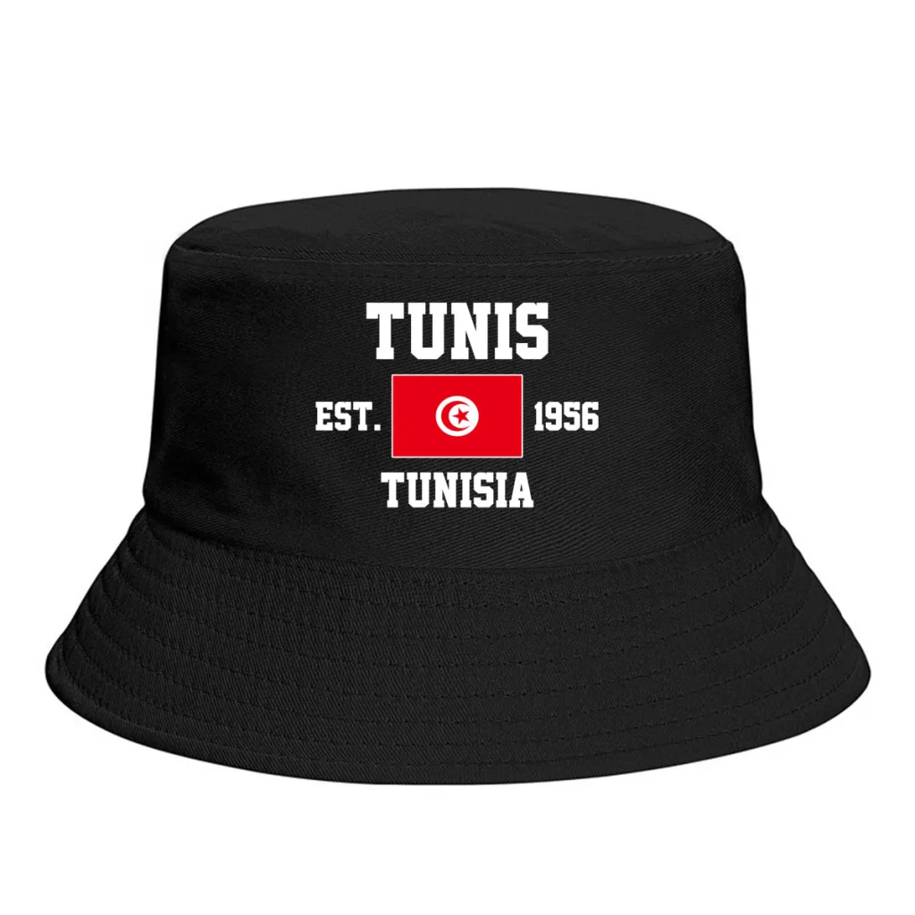 Bucket Hats  Tunisia EST.1956 Tunis Emblem Flag Sun Shade Cool Outdoor Summer Fisherman Caps Fishing Hat