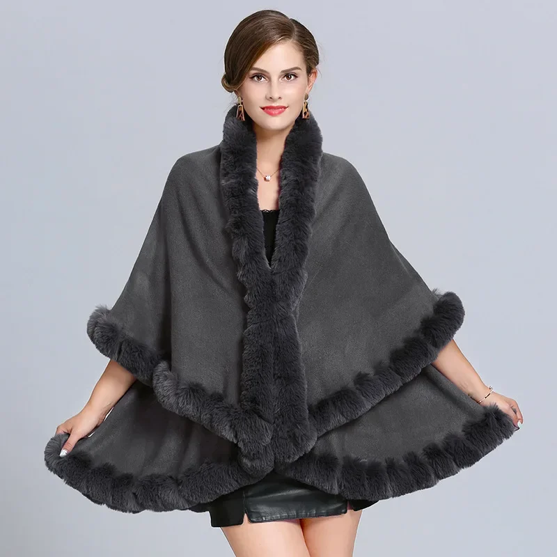 Female Big Pendulum Two Layers Cardigan Coat Women Winter Soild String Faux Fox Fur Collar Out Streetwear Black Poncho Capes