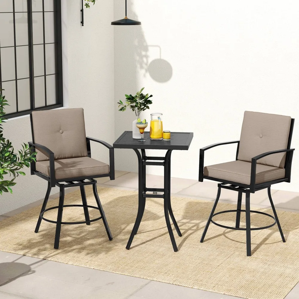 3 PCS Patio Swivel Bar Set Table and Chairs Set with Soft Cushions & Umbrella