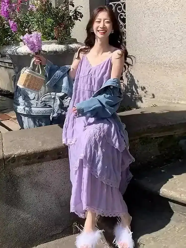 Summer Long Vintage Casual Ruffles Elegant Maxi Strap Camis Silky Beach Lace Elegant Party Dress Vestidos Sexy Women Purple KJD8