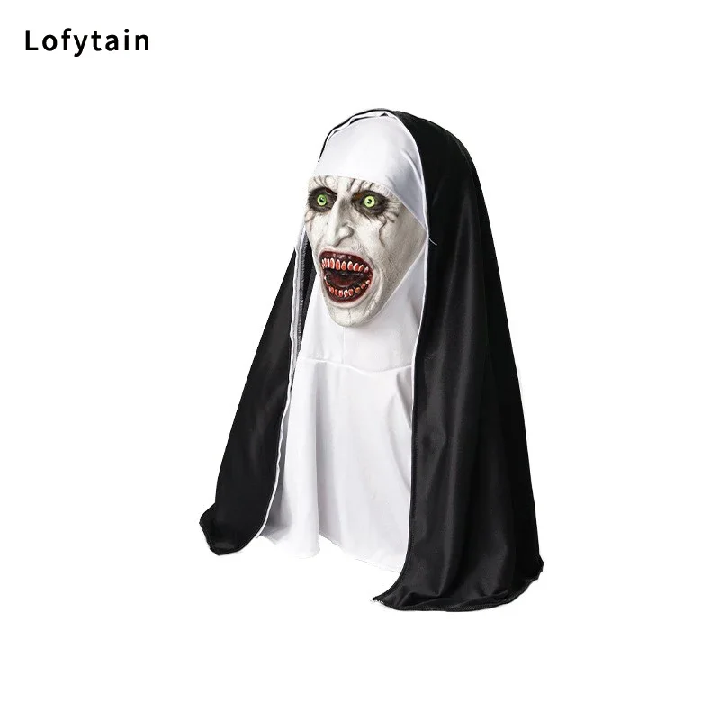 Halloween Horror Nun Latex  Mask Sister Headscarf Cosplay Scary Ghost Face Headgear Headpiece Carnival Party Costume Props