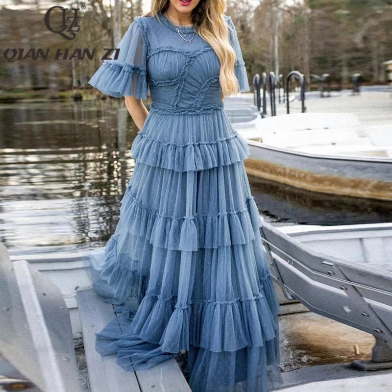 

QHZ Fashion Vintage Long Dress Women ruffled sleeves Lace Dot mesh Pleats Multi layer ruffle Elegant luxury Party Maxi Dress