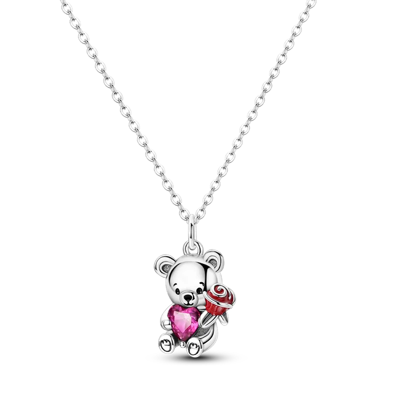 New Valentine's Day Collection 925 Sterling Silver Pink Confession Bear Necklace Women's Anniversary Engagement Jewelry