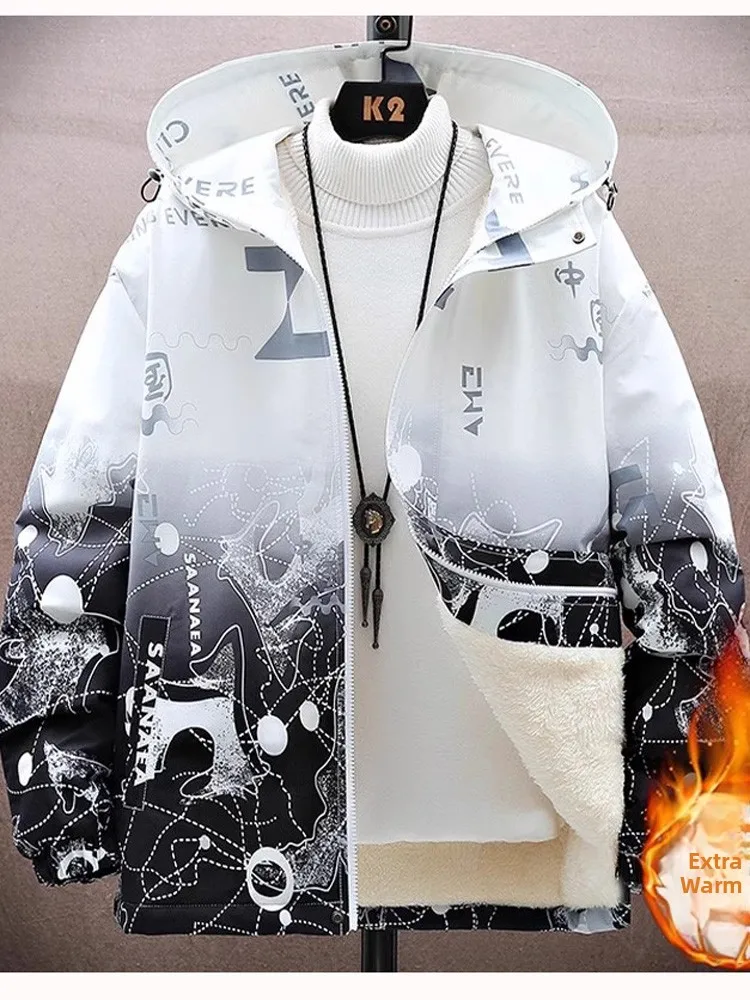 Gradient Color Fleece Lined Jacket for Men Autumn Winter New Style Printed Workwear Coat Youth Fashionable Long Sleeve Zipper