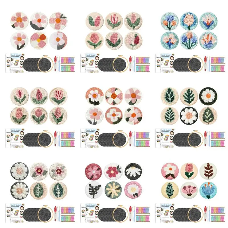 

6pcs Flower Punch Needle Coaster Kit for Beginners Diy Craft Punch Needle Stitching Embroidery Art Coasters Kit Home Decor