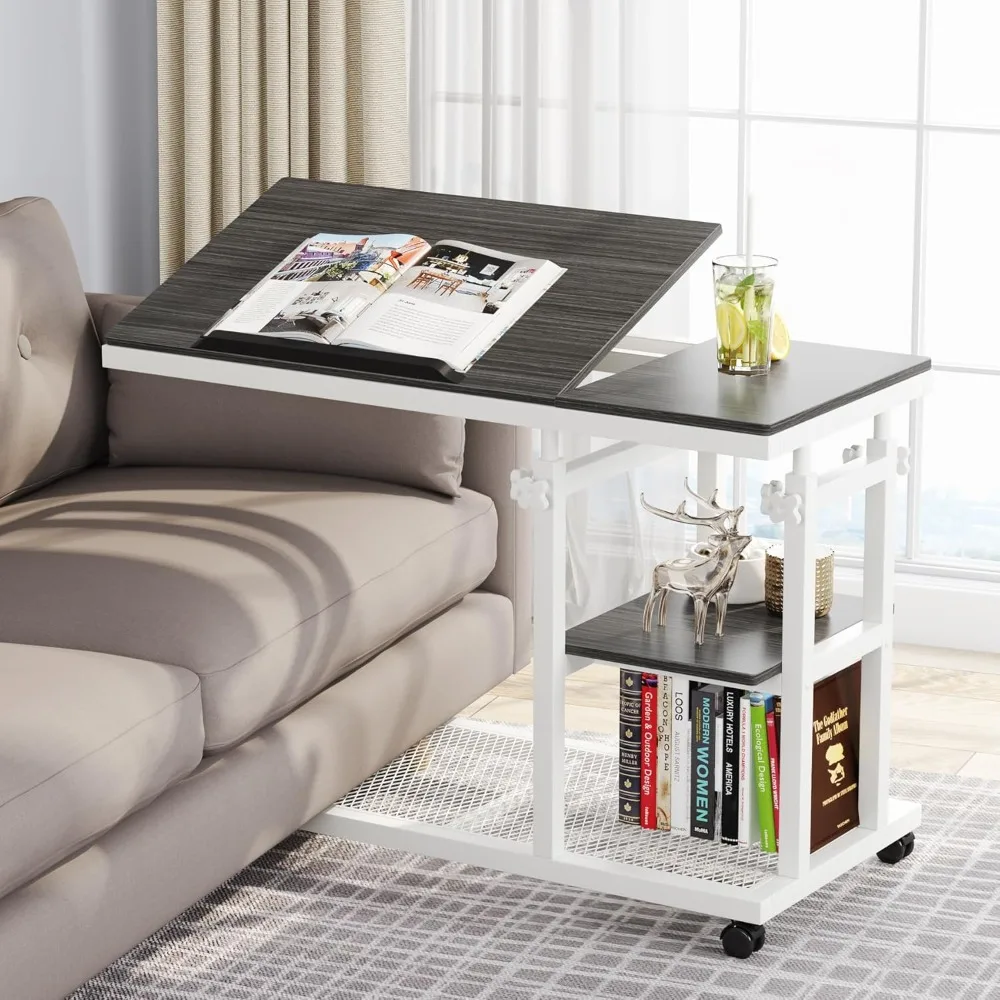 Height Adjustable C Table with Wheels, Mobile Couch Snack Side Table with Tiltable Drawing Board, Sofa Bedside Laptop