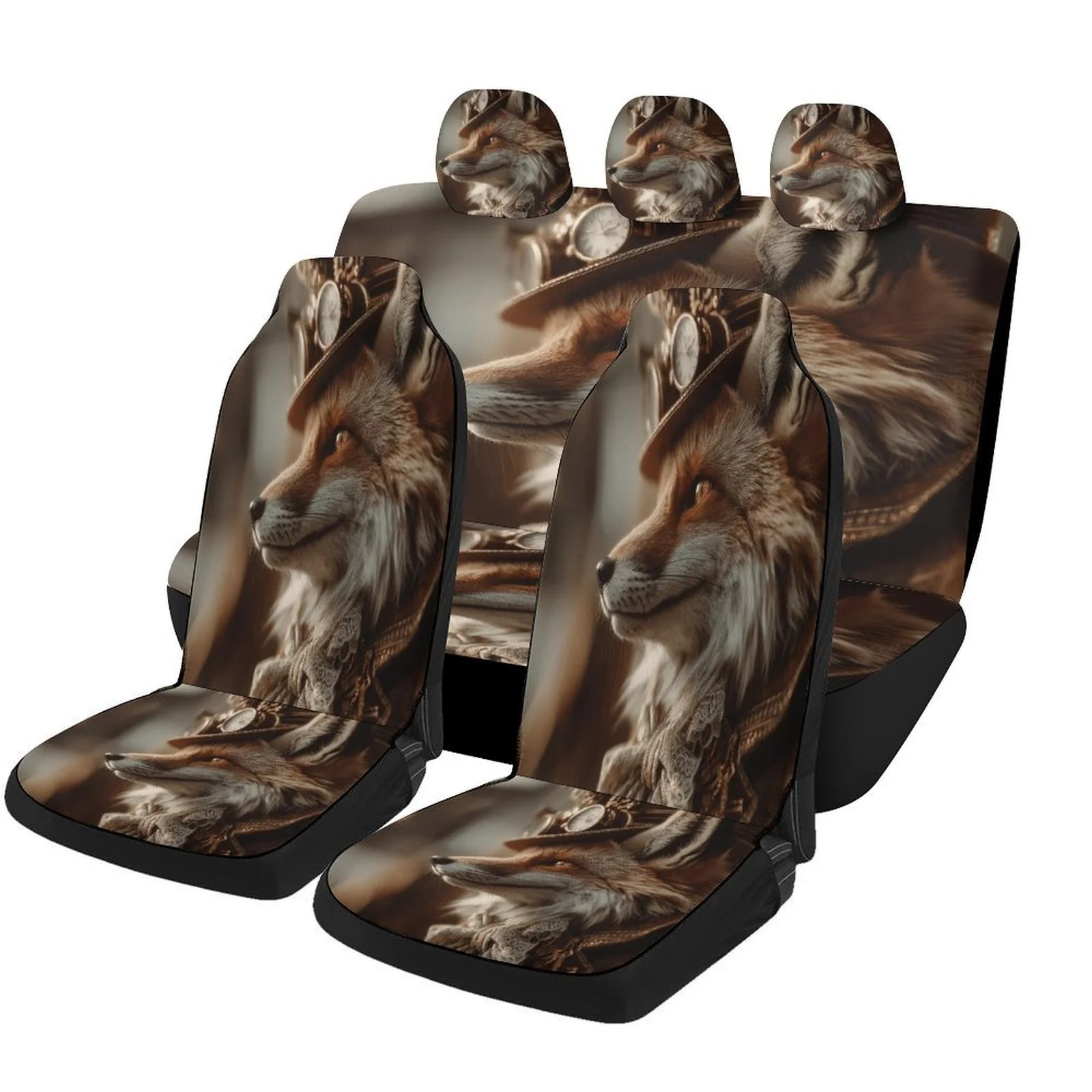 Set Of Car Seat Covers Featuring A Fox Steampunk Portrait, Suitable For Various Vehicles. Stylish And Durable, This Complete Set