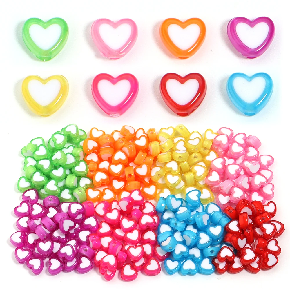 100 Stück 8 mm Acryl-Herzperlen, bunt, flach, lose Distanzperlen für Schmuckherstellung, DIY-Armbänder, Halskette, Ohrringe, Zubehör
