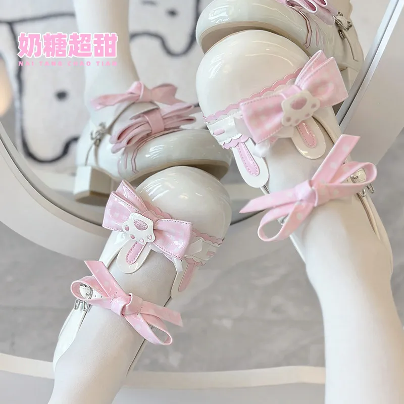 Kawaii Bunny Paw Lolita Mary Jane Shoes Plaid Bow Block Mid Heel Single Strap Cute Women Student Casual Pumps - view 3