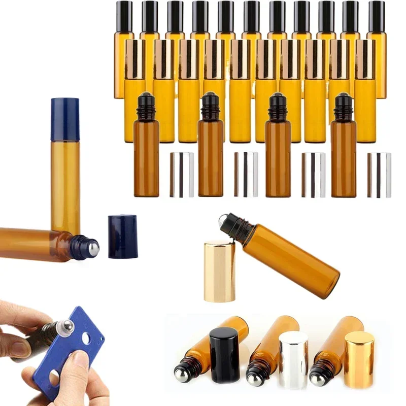 100 pièces 1-10ml Mini vide ambré verre huile essentielle Roll-on boules en acier inoxydable bouteille rouleau bouteilles pour aromathérapie parfum