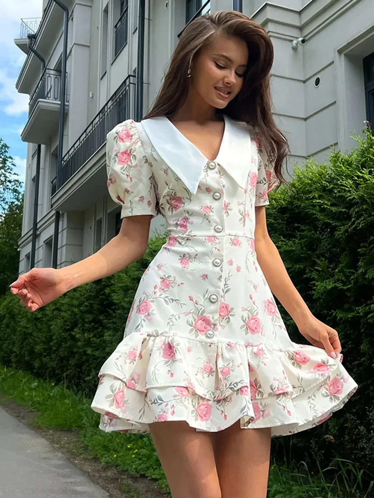 

Elegant Flower Printed Women Mini Dress Chic V-neck Short Sleeve Single Breasted Slim Dresses Female Ruffle Hem Streetwear