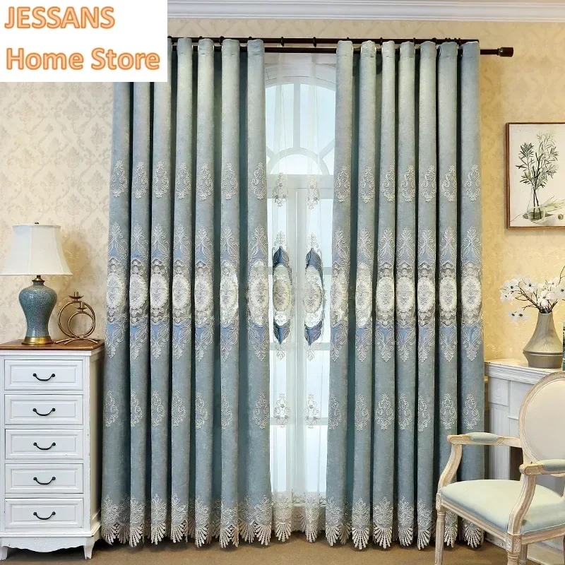

New European-style Curtains for Living Dining Room Bedroom Two-color Chenille Atmospheric Villa Hollow Embroidered Curtains
