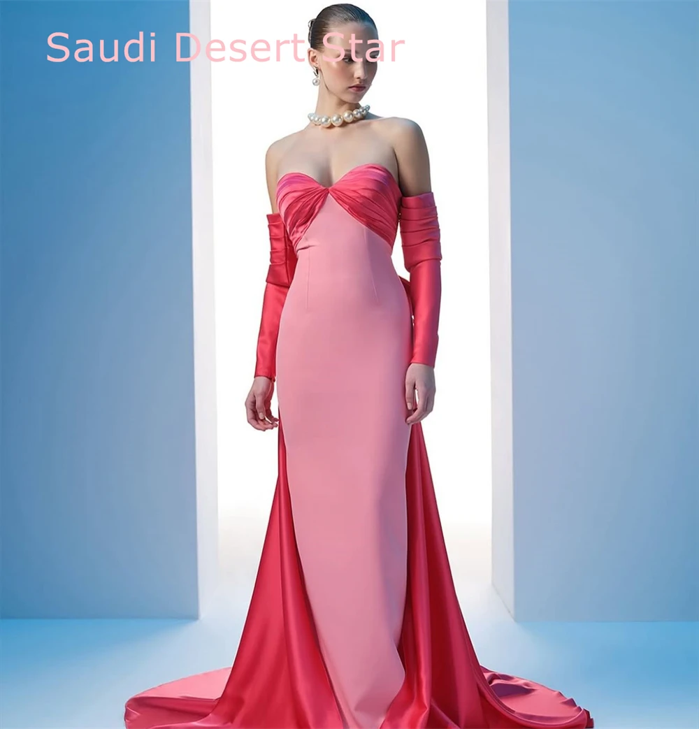 Personalizado requintado camisa rosa vestido de noite delicado sem alças mangas compridas vestido de festa moderno até o chão vestidos de celebridades