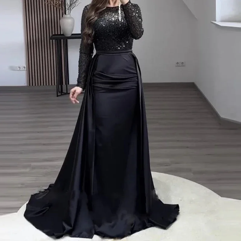 

Elegant Satin Sequin Stitching Dress Luxury Glitter High Waist Gala Evening Dress Women Chic Long Sleeve Full Length Party Dress