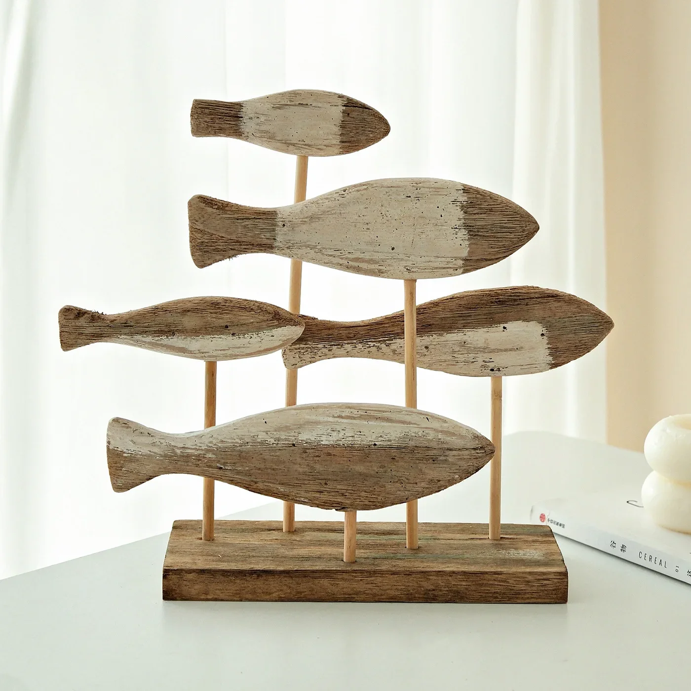 Retro Ocean Style 3D Wooden Shoal of Fish Decorations Creative Mediterranean Hand Carving Desktop Ornaments DIY Bar Home Decor