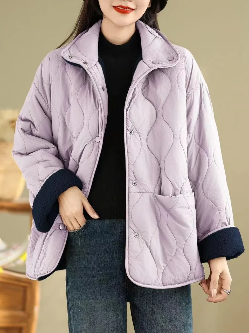 

Двусторонняя одежда, хлопковая куртка из меха ягненка, женская зимняя теплая повседневная антивозрастная хлопковая одежда, верхняя часть тела