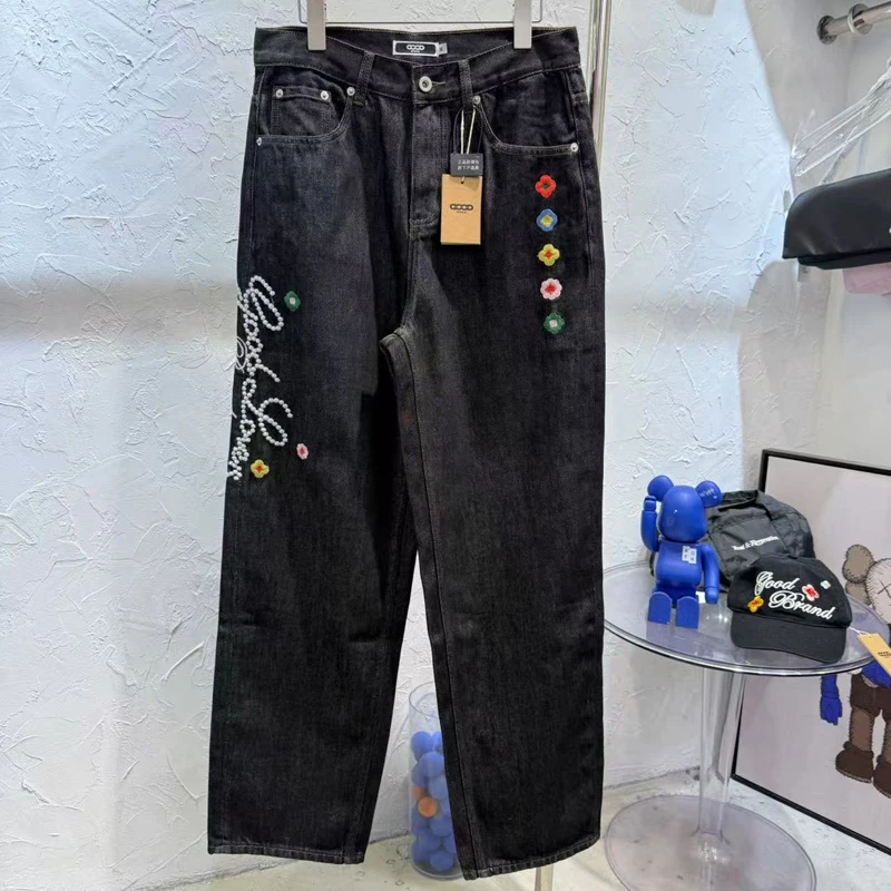 

High Street American Goodbrand Jeans Men Women Retro Embroidered Colorful Flower Letter Logo Trousers GOODBRAND Denim Pants