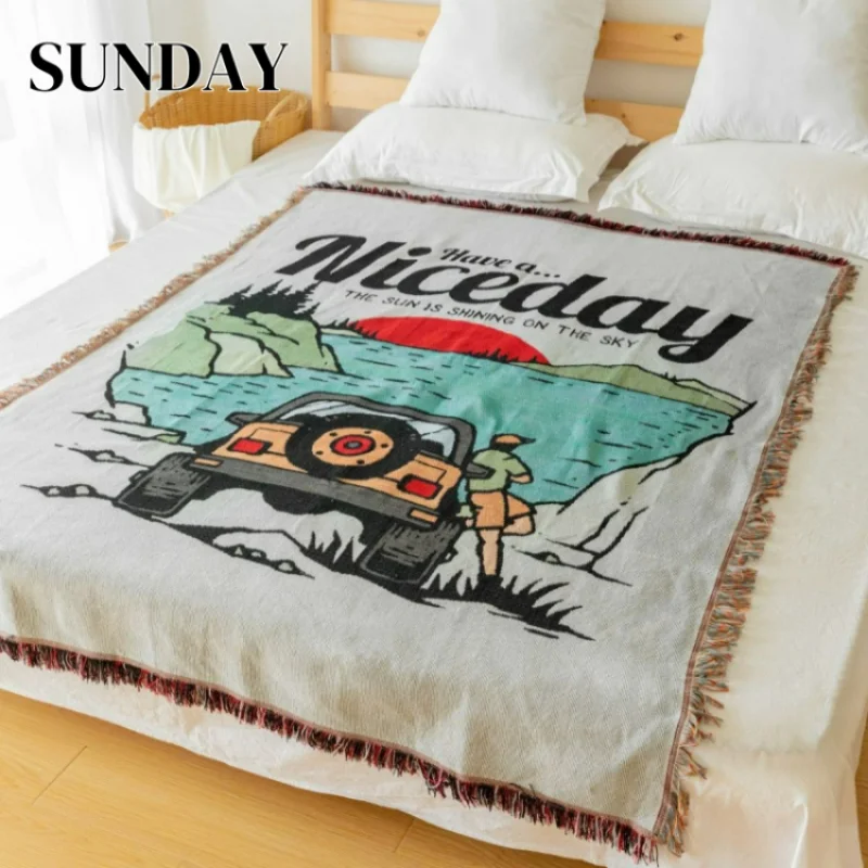 

Korean Style Picnic Blanket for Outdoor Camping Weaving Cartoons Throw Blanket Living Room Decoration Tapestry Sofa Cover Towel