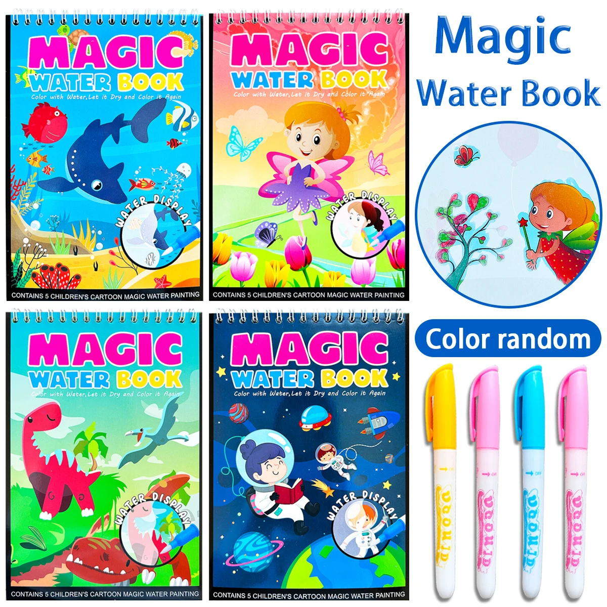Magic Water Book Set für Kinder – Wiederverwendbare Aquarellgemälde, vier Cartoon-Themen, ein interessantes Kunstbuch