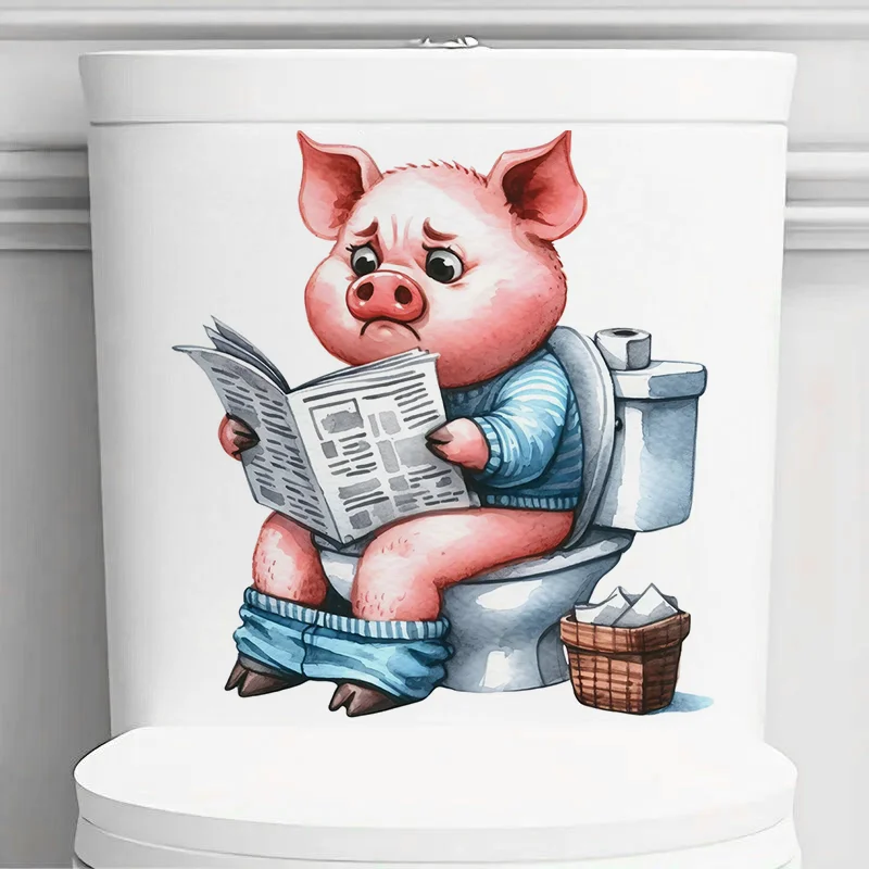 

Funny Pig Sitting on the Toilet Reading a Newspaper Sticker, Toilet Lid Decal, Apply for Wall, Bathroom, Cabinet, Door, etc