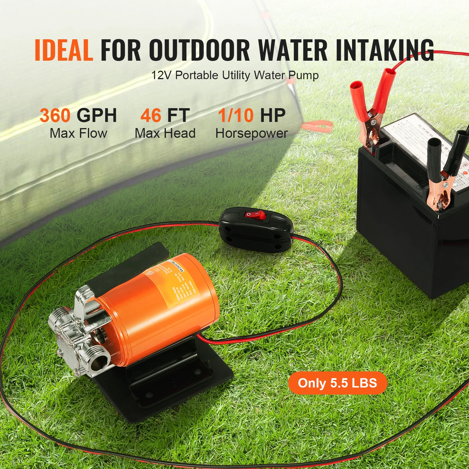 SucceBuy Pompa Transferu Wody 12V DC 360GPH 1/10HP Przenośna Elektryczna Pompa Pomocnicza z Zestawem Węża Ssącego 1,8m Wirnik Do Użytku Ogrodowego