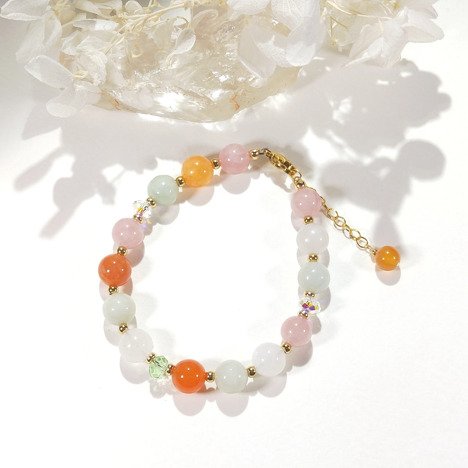 Lii Ji Rose Quartz Moonstone Burma Jade Carnelian 8mm With Crystal American 14K Gold Filled Bracelet 18+3cm