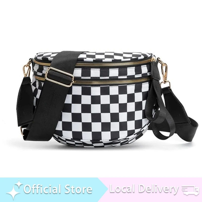 

Spacious Black and White Checkered Nylon Bum Bag Plus Size Friendly Fanny Pack Iris Crossbody-Spacious Designfor Essentials