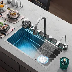 Stainless Steel Waterfall Kitchen Sink Digital Display Extra Large Single Bowl Multifunctional Household Vegetable Washing Sink