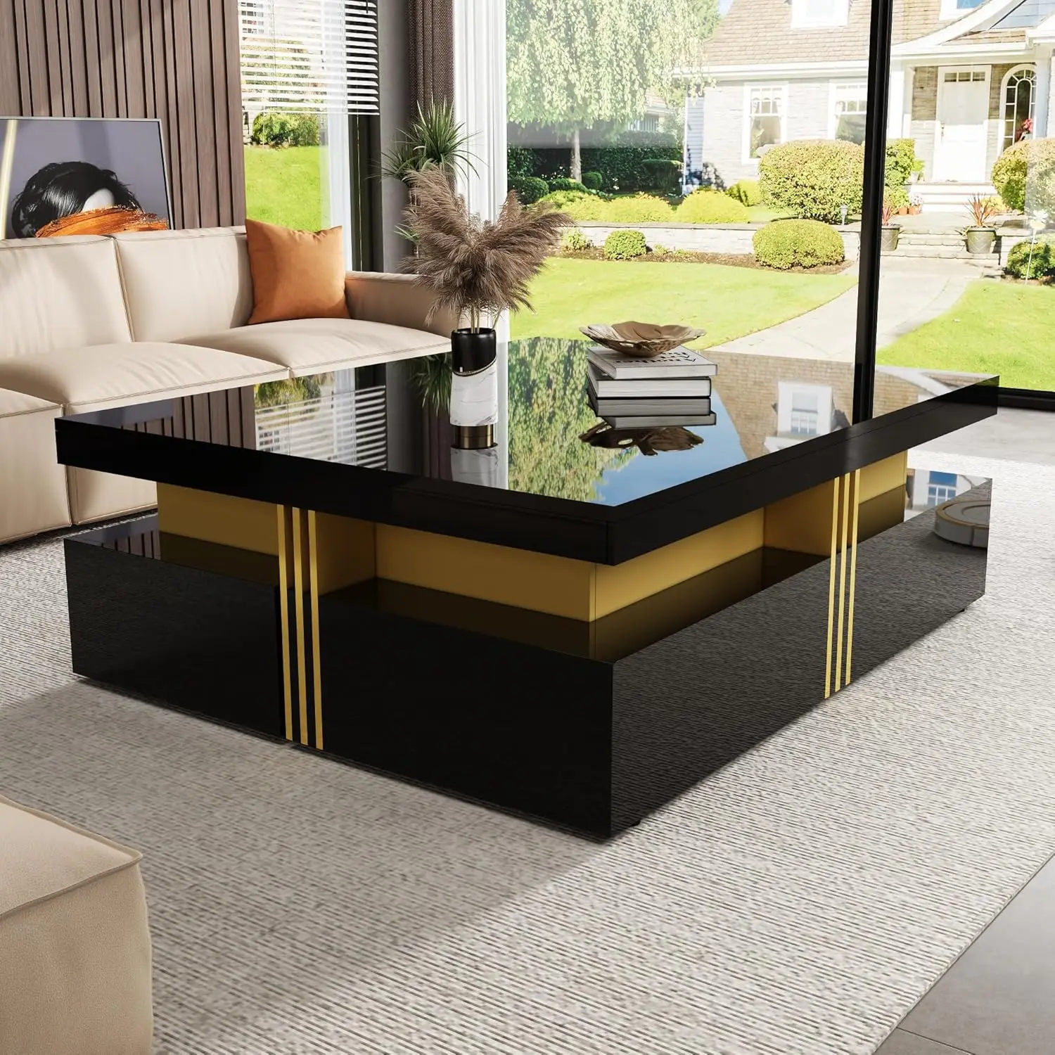 

Coffee Table, Modern Glossy Square Coffee Table with 4 Drawers, Contemporary Luxury Center Table Cocktail Table, Customized