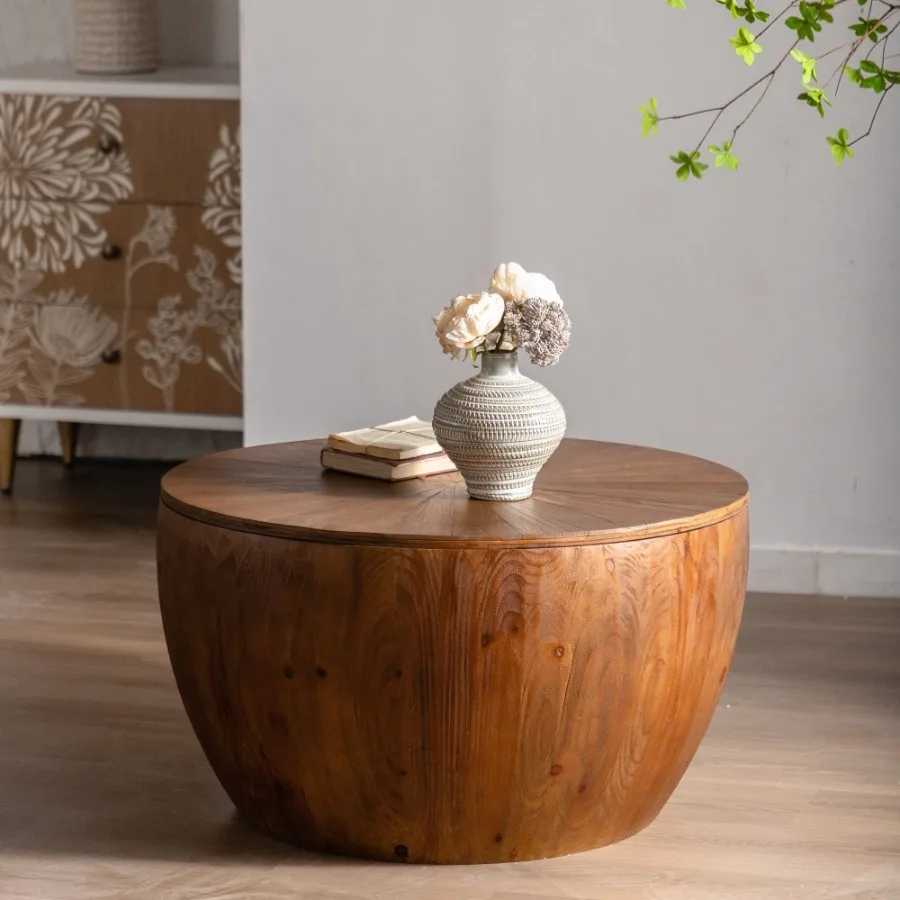 

31.50Vintage Style Bucket Shaped Coffee Table with storage function for Office Dining Room and Living Room Brown