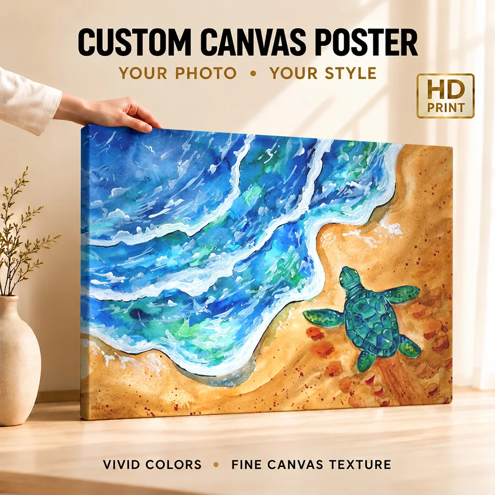 Baby Turtle At The Beach Canvas Print With Wooden Frame Customized Photo Layered Coastal Illustration Wall Art For Living Room