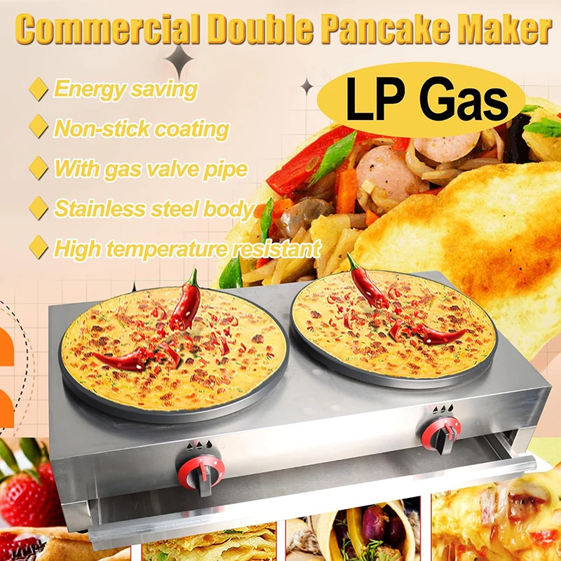 صانع الفطائر التجارية LP صانع كريب الغاز مزدوج الرأس آلة فطيرة 40 سنتيمتر آلة صينية اللوحة مع صمام الضغط المنخفض