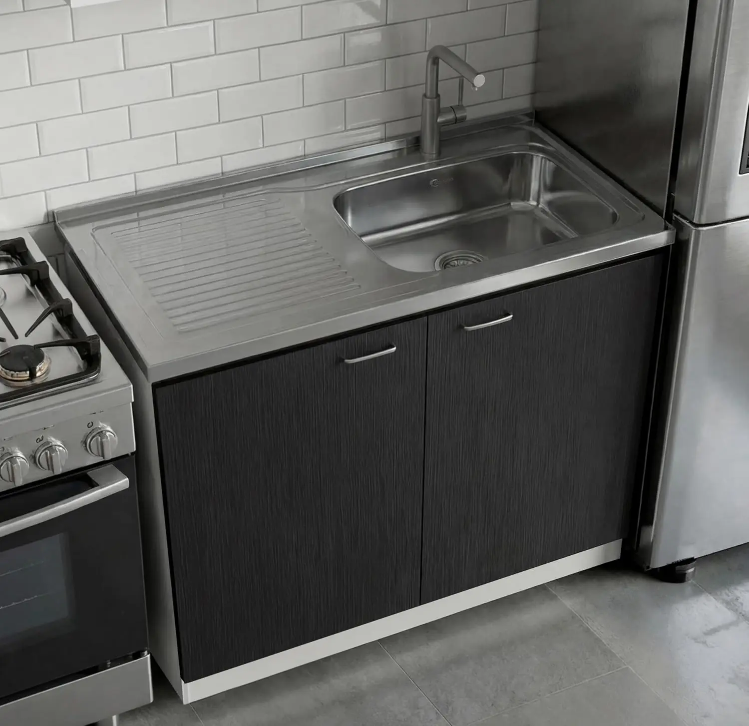 

Freestanding Double Door Utility Sink Base Cabinet With Integrated Stainless Steel Countertop Interior Shelf For Laundry Room Ut