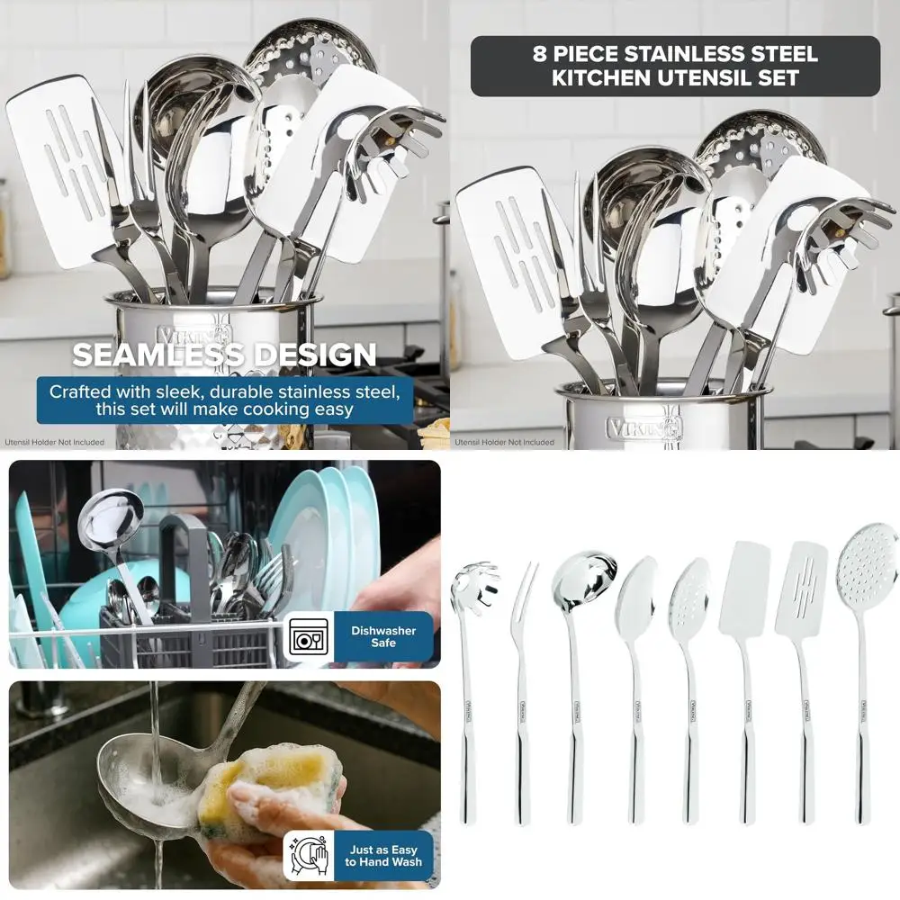 

Набор кухонных инструментов из нержавеющей стали из 8 предметов: лопатки, ложки, вилка для макарон, глубокий ковш, вилка для мяса, скиммер - серебро