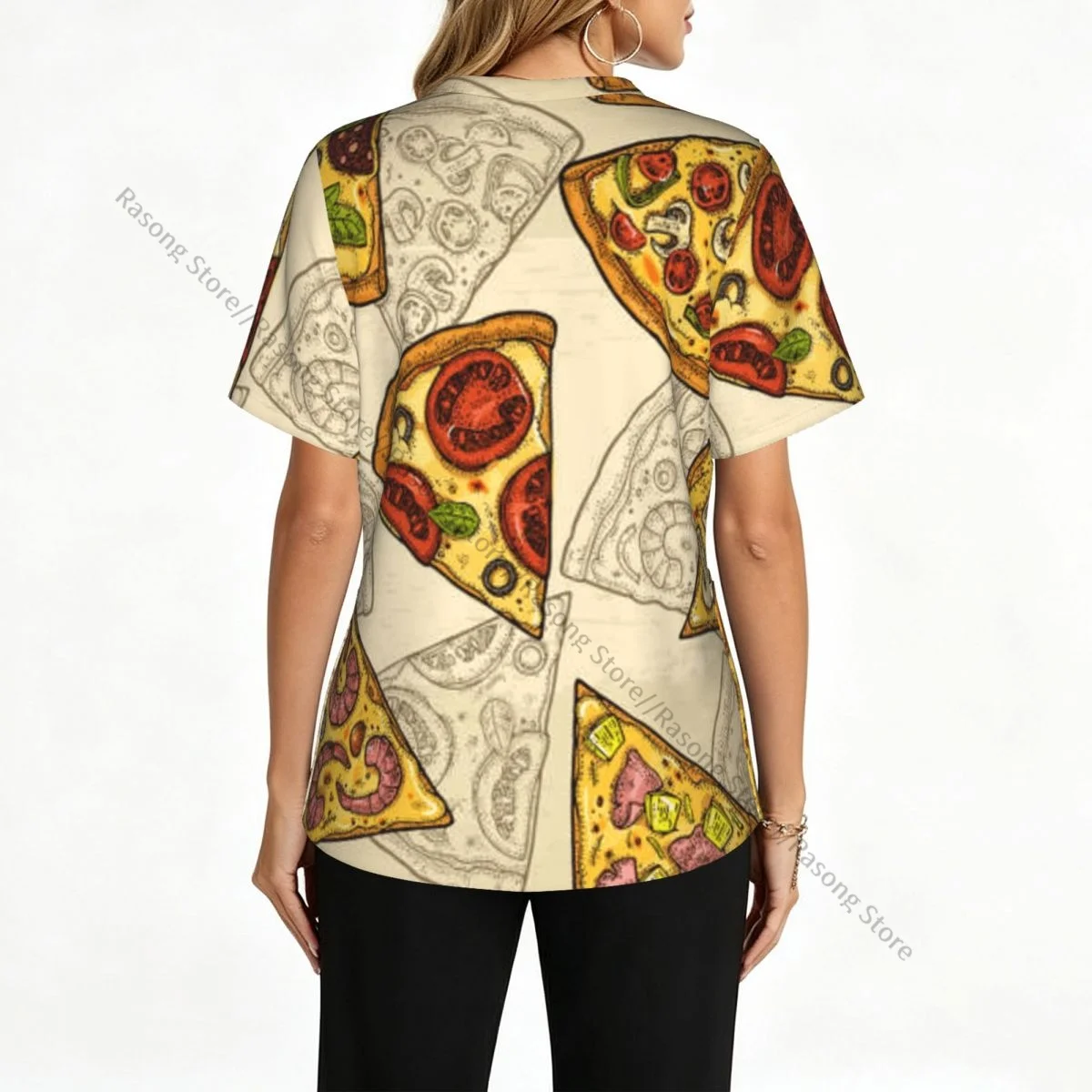 Women's Scrub Tops Short Sleeve Workwear Shirts Fitness Nursing Uniform Slice Pizza Pepperoni Pullover Doctor Nursing Shirt