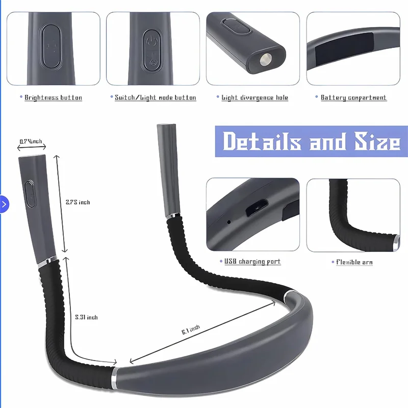 Luz LED de lectura para cuello, manos libres, recargable, 3 colores, atenuación continua, brazos flexibles y rendimiento de larga duración