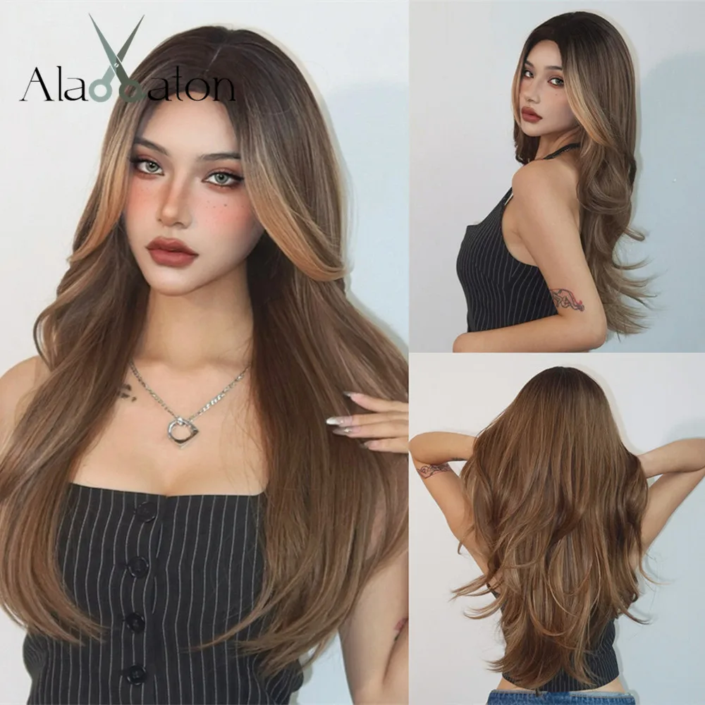 

ALAN EATON Brown Highlight Synthetic Wig Long Layered Wavy Wig Middle Part Natural Hairline Wig Heat Resistant Hair for Daily