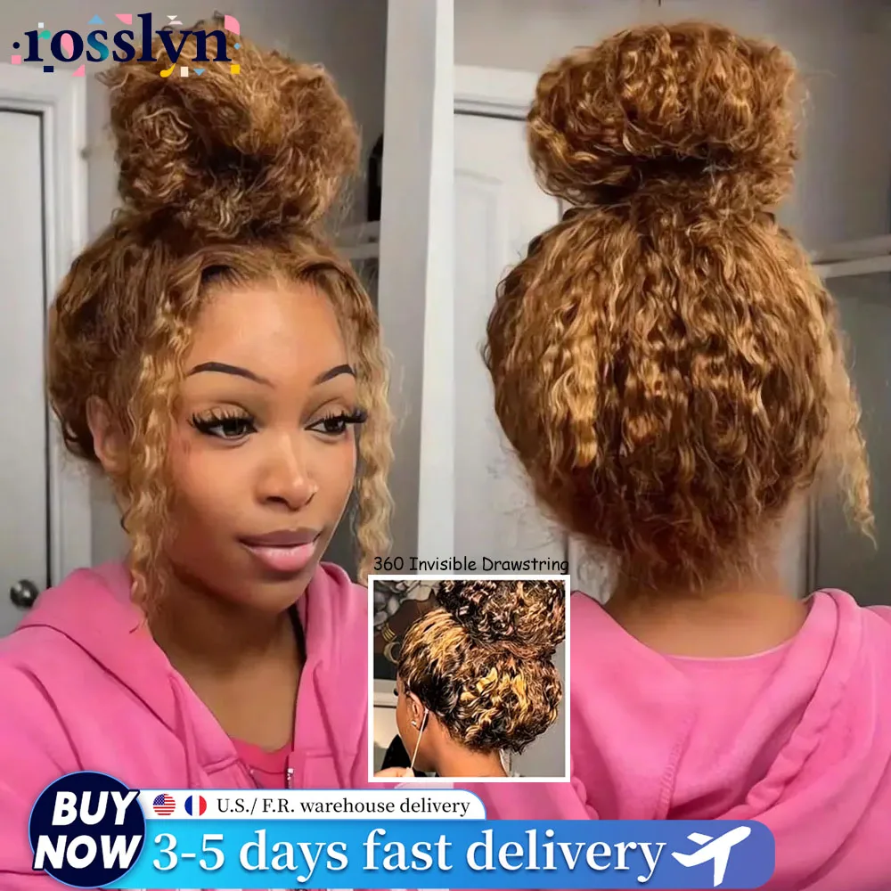 Water Wave Invisible Strap 360 HD Lace Front Wig Honey Blonde Highlight 34 Inch Deep Wave Transparent Lace Frontal Wig Glueless Invisible Drawstring Wig Human Hair