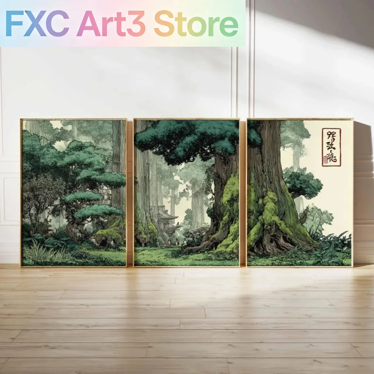 3-teiliges Set rahmenlose Leinwandbilder, japanische Anime-Wald-Leinwanddrucke, Poster, Japandi Ghibli botanische Kunstdrucke, Wohnzimmer-Wandkunst H