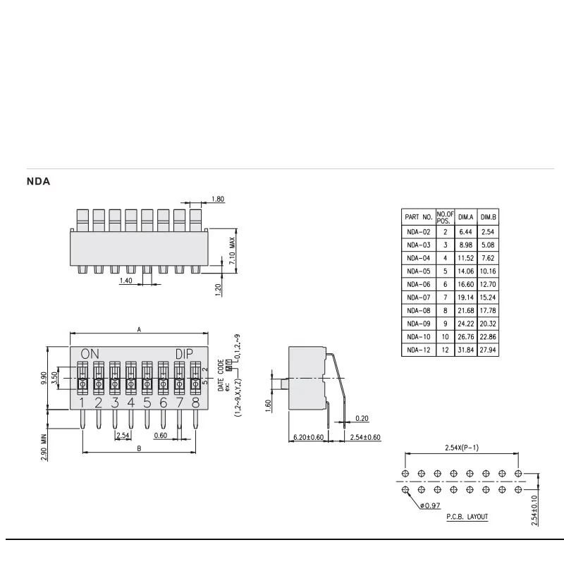 10 pz/lotto Taiwan DIP NDA-04BTV DIP Switch 4 posizioni piede piegato lato verticale Toggle 90 gradi 2.54mm blu