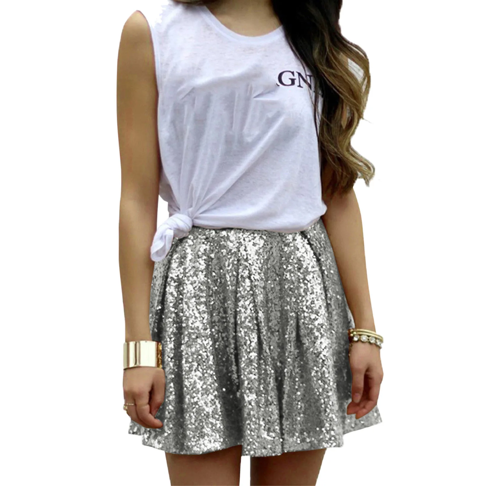 Women'S Sequin Solid Color Sexy Pleated Skirt Summer New Fashion Simple Elegant Skirt Waist Peplum Trend Personality Skirt