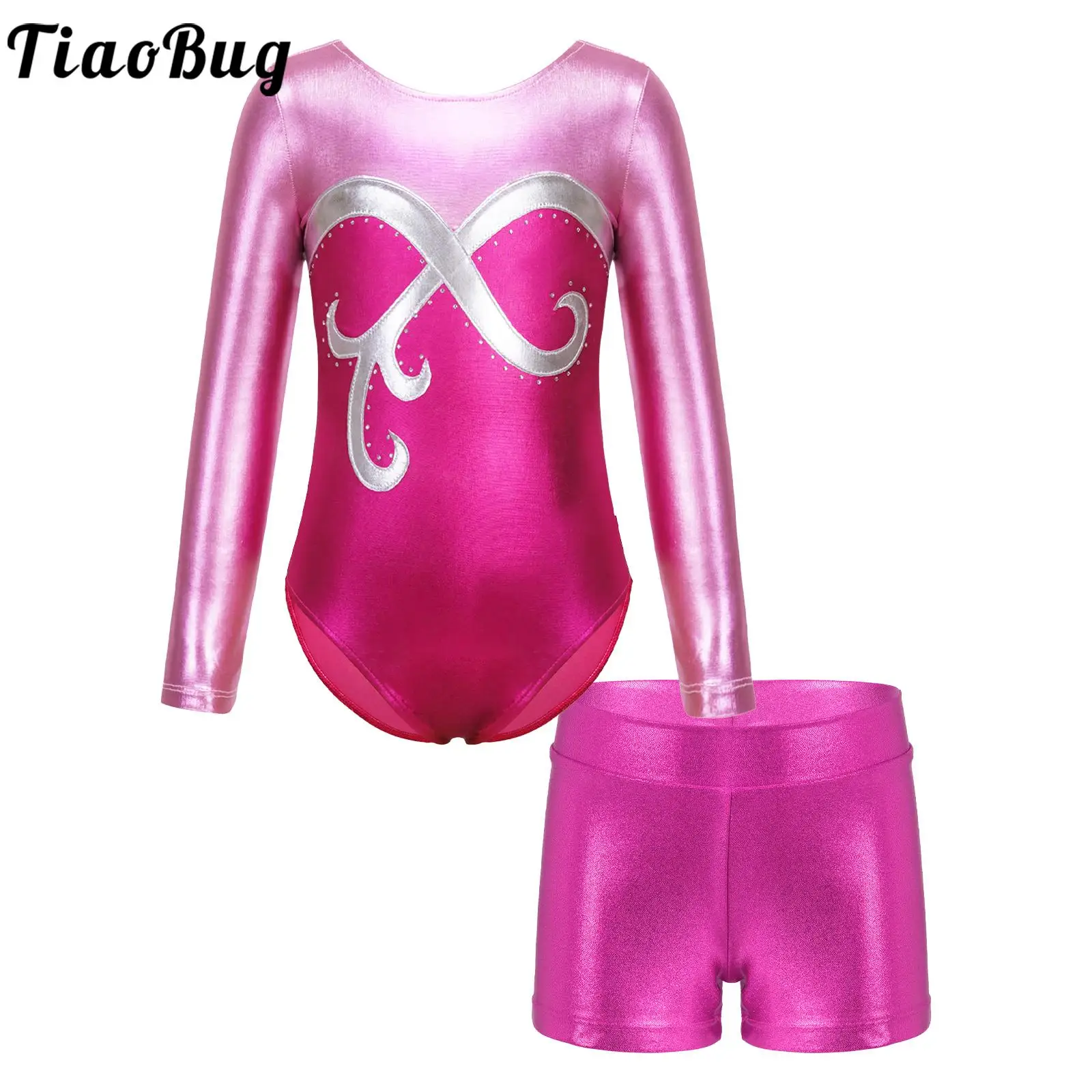 

Kids Girls Ballet Dance Gym Workout Sports Outfits Metallic Long Sleeve Round Neckline Rhinestone Leotard with Shorts Set