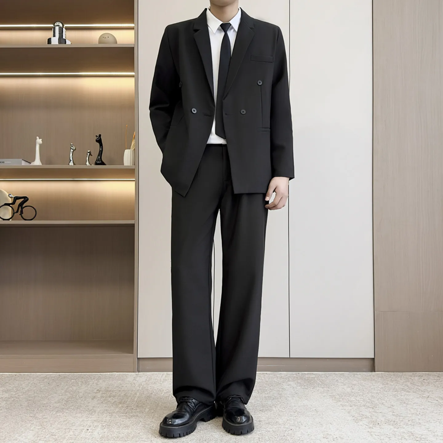 Slim Fit DK Double Breasted Men's Business Suit Black Suit Set for Work Performances Commuting Breathable Polyester Fiber