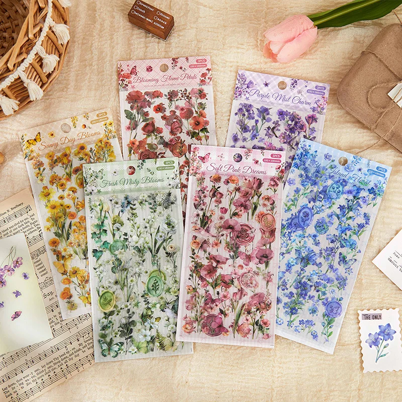 

3pcs PET Sticker Pack Flower Island Letter Series Flower Theme Handmade Account DIY Diary Material Decoration Base