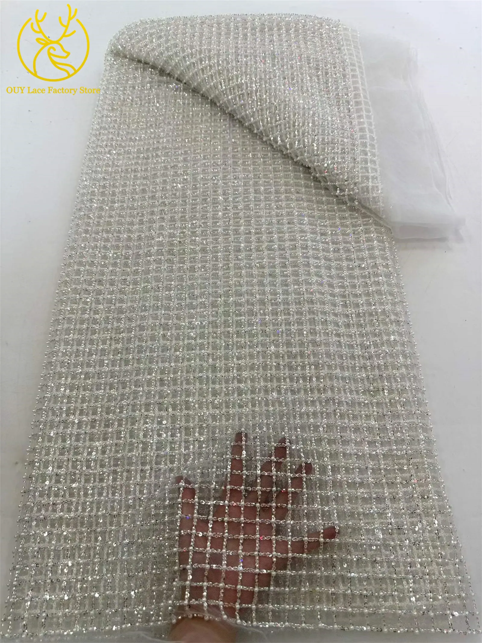 Goldener Luxus-Karostoff mit Perlen und Tüllspitze 2026 – Hochwertige afrikanische nigerianische Pailletten-Mesh-Spitze für Damen-Partykleider zum Nähen – Detail 8