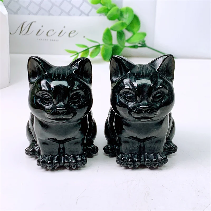 Natural Black Obsidian Cartoon Cat Carving, Quartz Healing Crystal Stone, Cute Birthday Present, Home Decoration, 1Pc