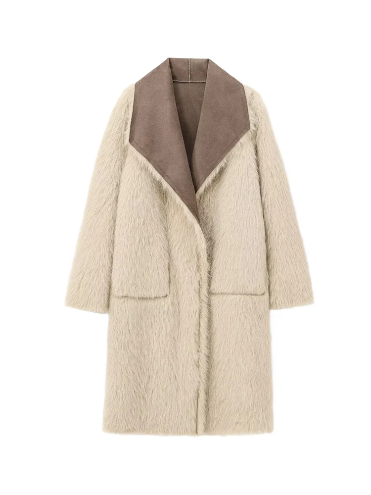 Frauen Retro Reversible Langen Mantel Casual Faux Pelz Revers Einzigen Taste Tasche Jacke Damen Winter Mode Straße Warme Outwear